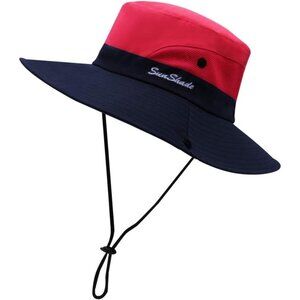 Unisex Red & Blue Polyester Wide Brim Mesh Vent Chin Strap Classic Cowboy Hat